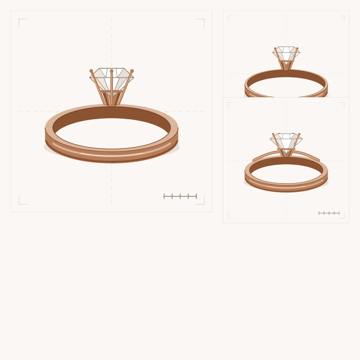 Solitaire Ring Bundle: the Six-Prong Solitaire Ring large, with the knife-edge and oval cathedral rings beside it