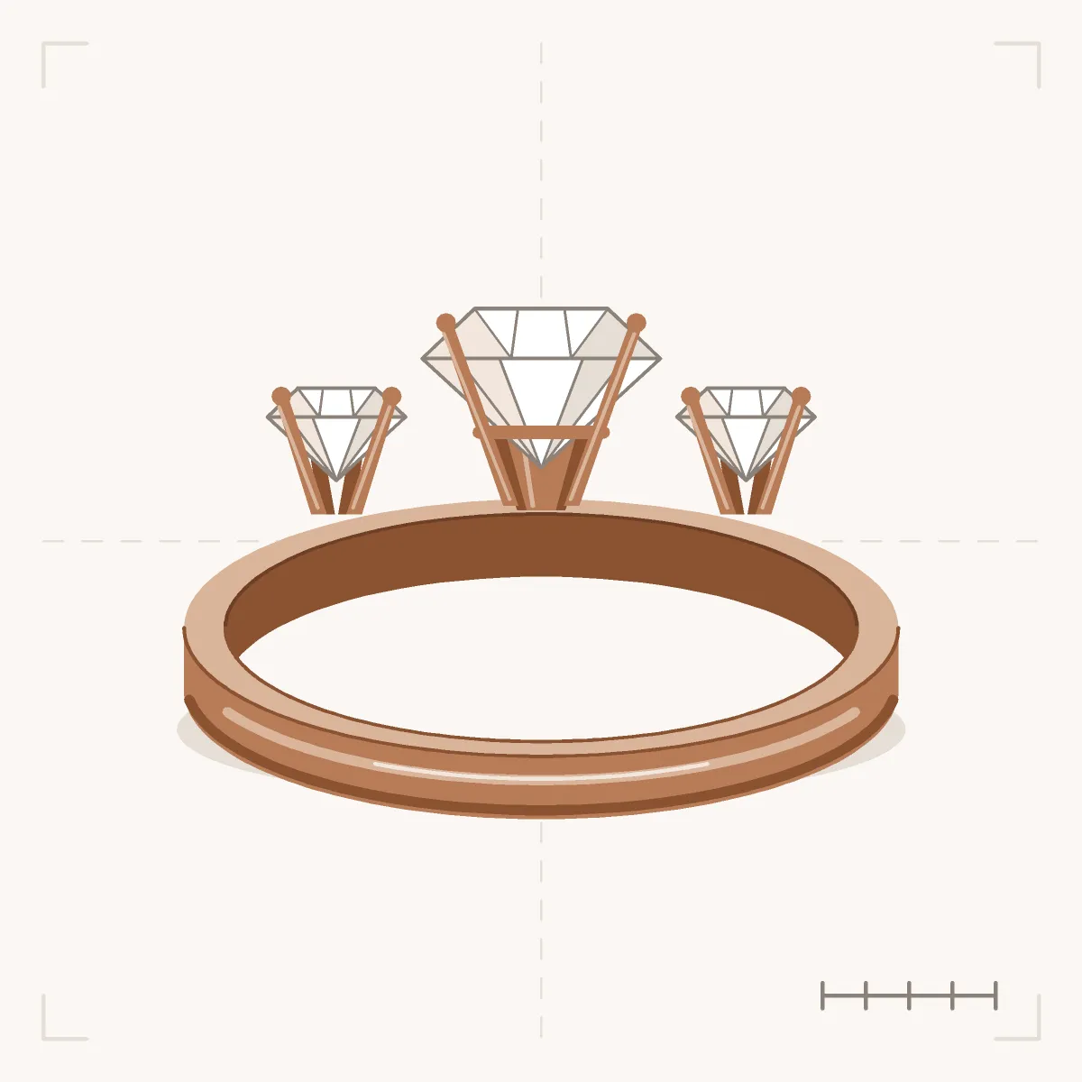 Three-Stone Diamond Ring in perspective: a round center diamond between two smaller side diamonds